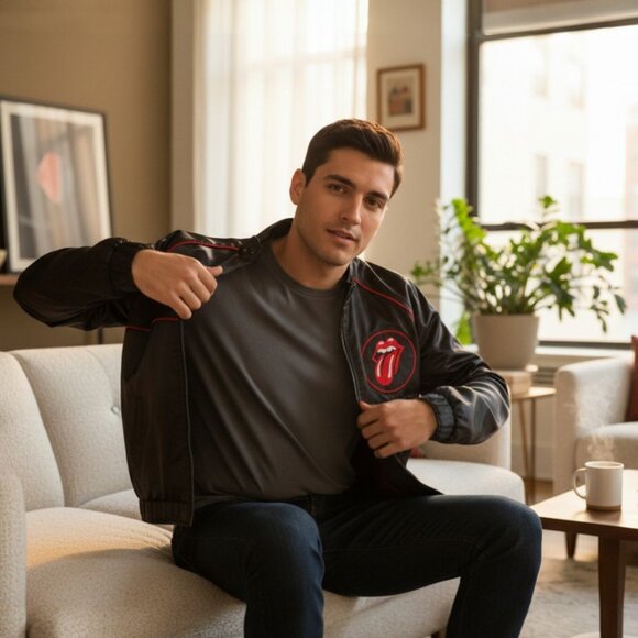 Vintage 80’s Roadie Rolling Stones Retro Black Red Sateen Bomber Jacket Size LG - Picture 6 of 9